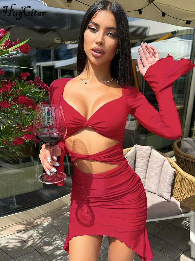 Hugcitar Winter Elegant Solid Long Sleeve Hollow Out Ruched Irregular Sexy Slim Mini Dress Women Y2K Clothes Birthday Christmas 240823