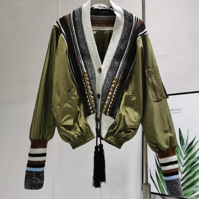 Korean Style Varsity Jacket Women 2024 Autumn Winter Fashion Patchwork Striped Knitted V-Neck Tassel Drawstring Coat Outwear 240823