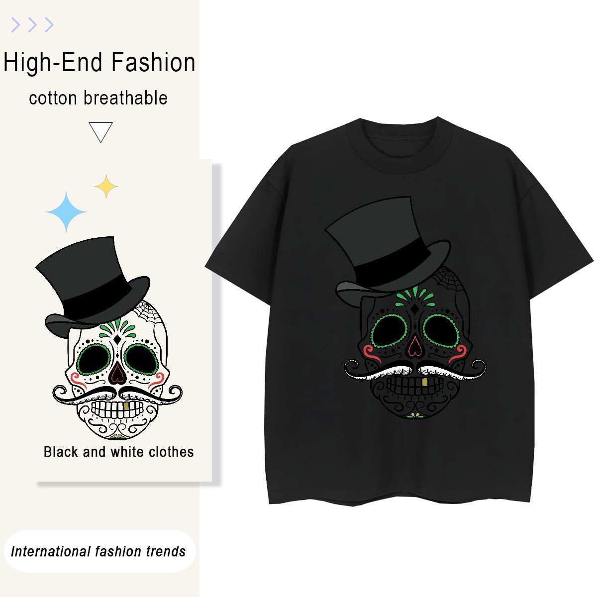 Loose T Shirt For Man 230g Pure Cotton skull High Street Hip Hop Black White Breathable Crew Neck Men Clothes T-Shirt Casual New Polos