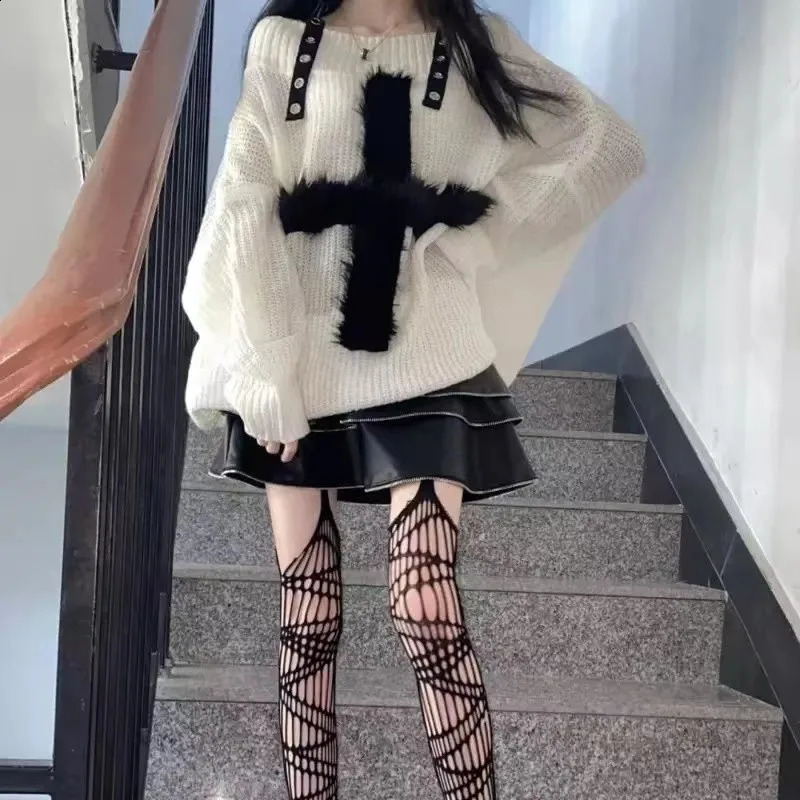 Karrram Harajuku Punk Knitwear Women Off Shoulder Belted Thin Sweater Cross Fur Patch Autumn Loose Gothic Y2k Pullover 240824