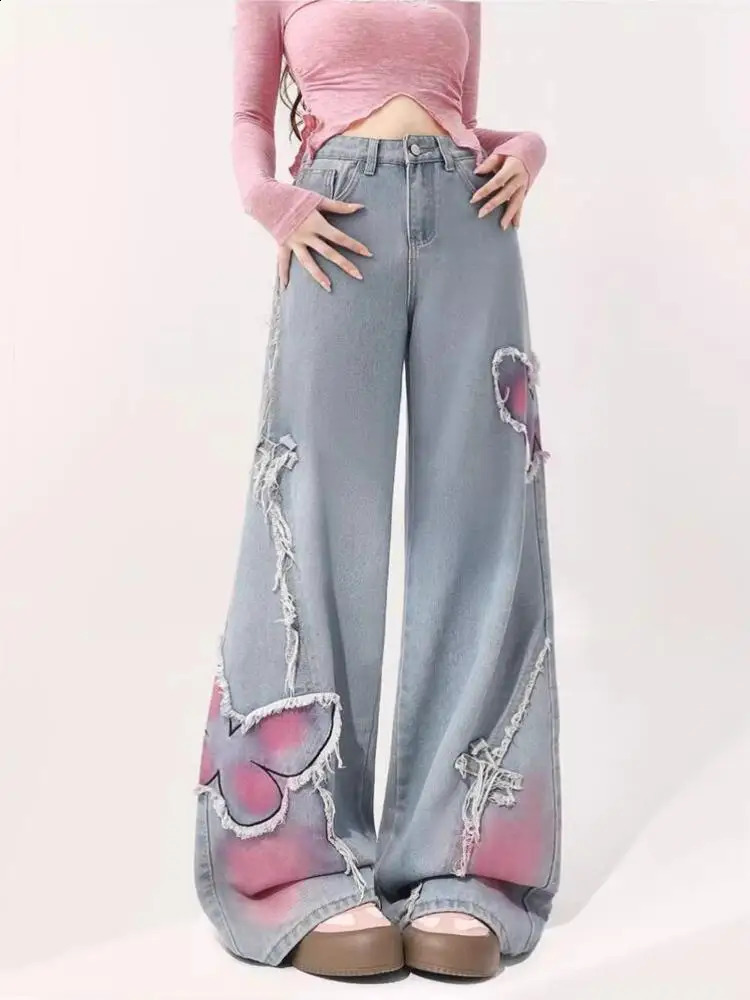 Womens light blue butterfly jeans Harajuku Y2k Japanese 2000s style bagged denim Trouser retro garbage oversized 240823