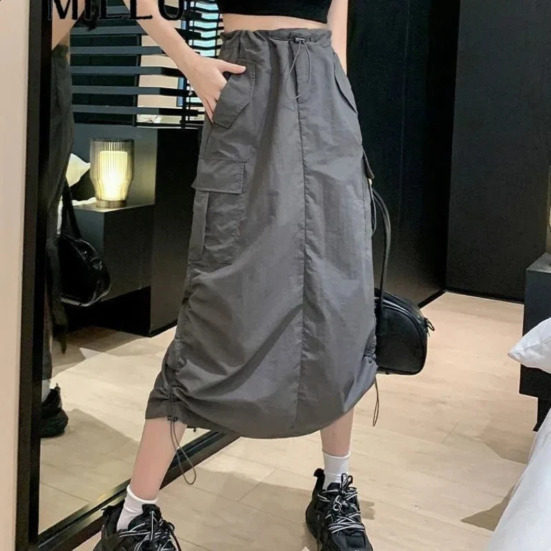 Casual Elastic Waist Straight Cargo Skirts for Long Skirts Spring Summer Drawstring Length Classic Versatile Mid-Length Skirt 240823