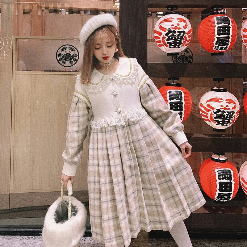BOBON21 Winter Korean doll collar Long Sleeve Dress hit color patchwork single breasted mid-long tweed Dress C1959 240824