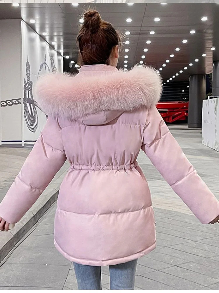 Winter Slim Pink Padded Coat Faux Fur Collar Hooded Parkas Korean Big Size Cotton Jaqueta Waist Drawstring Midi Lenght Jackets 240823