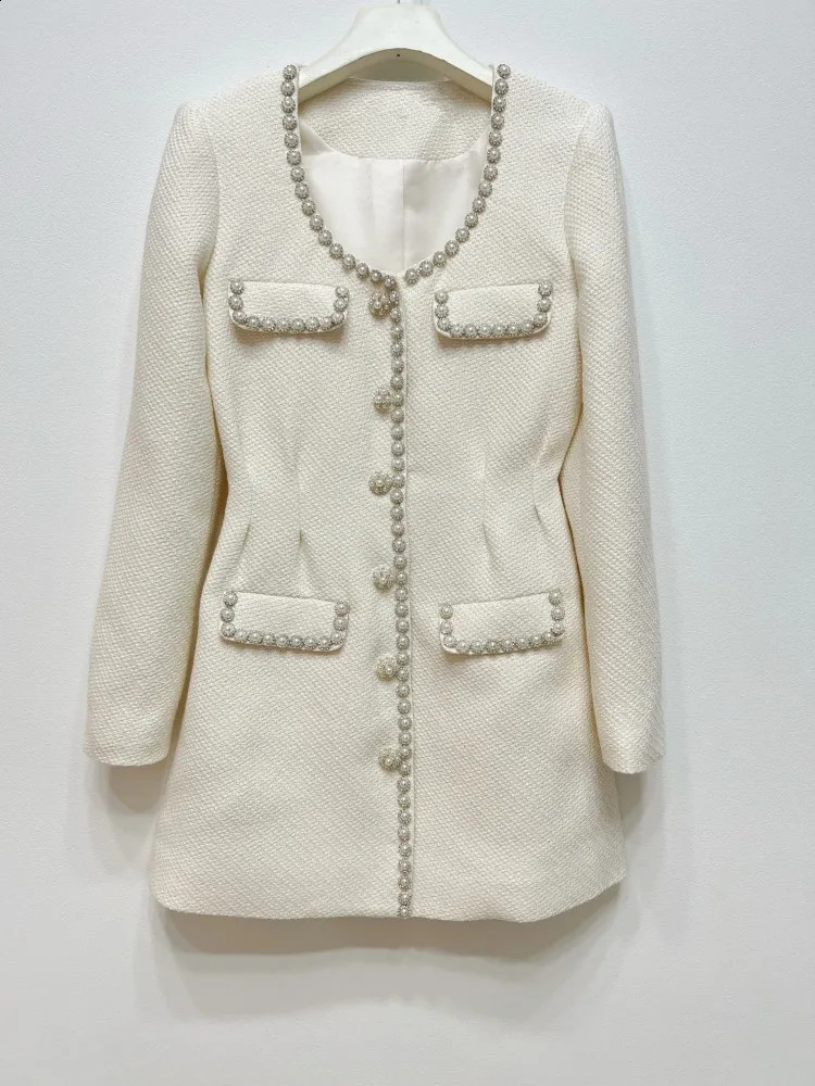 Womens Pearl Rhinestone Decoration Mini Dress Tweed Elegant Long Sleeve Fall Female Single Breasted Robes 240824