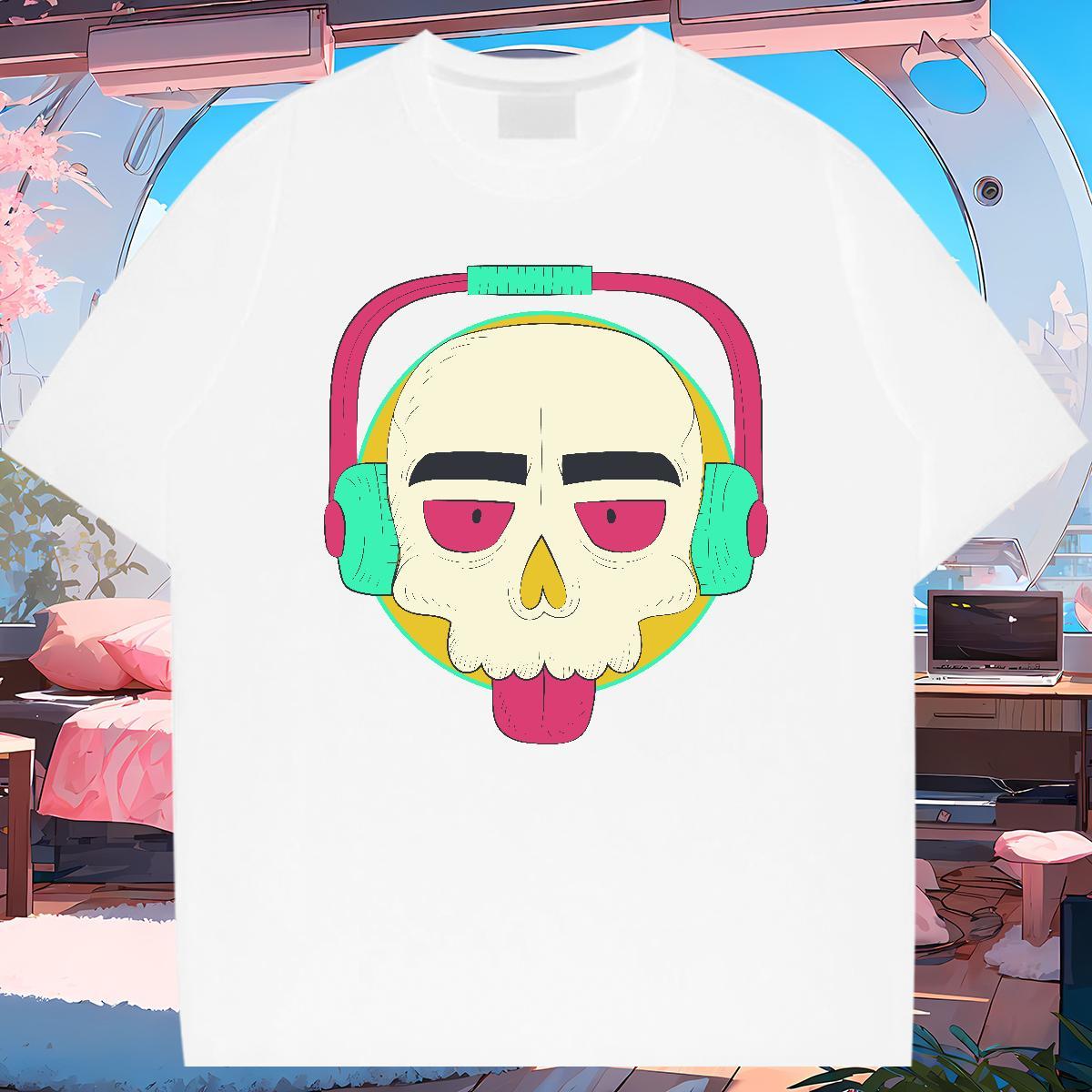 Loose Fit T-Shirts 230g Pure Cotton skull Street wear Hip Hop Cartoon Printing L-4XL Crew Neck Breathable Men Tops Tees DIY Customized Tees Shirts