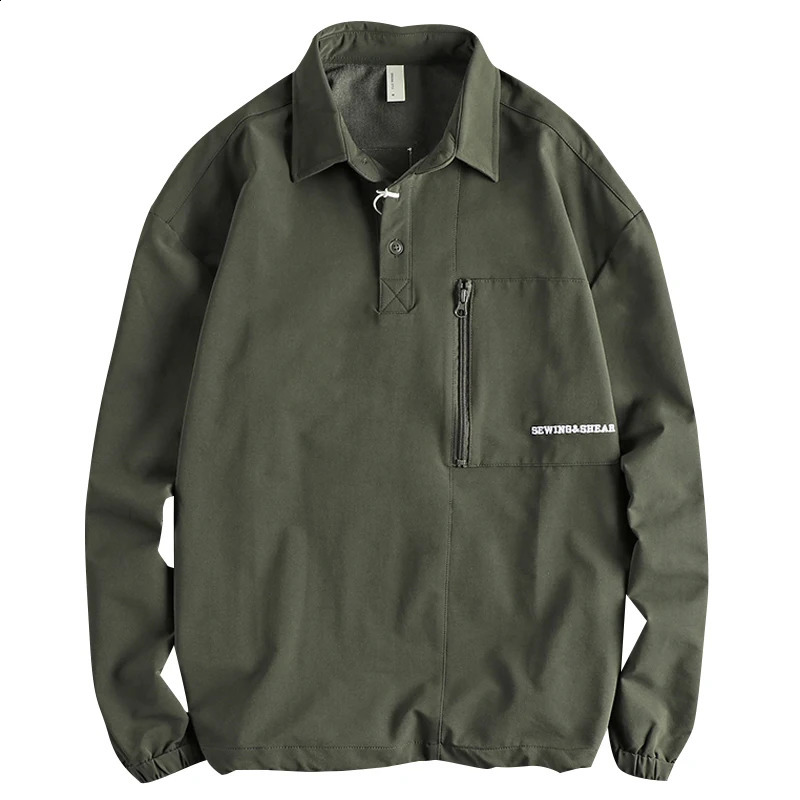 Zipper pocket n quick drying fabric mens polo shirt long sleeve American retro trend work shirt 240824