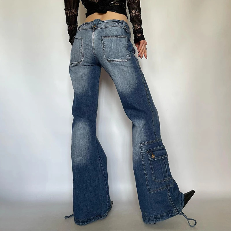 Cibbar y2k Distressed Jeans 90s streetwear pocket patch work low denim cargo pants retro 2000s mom jeans autumn clothing 240823
