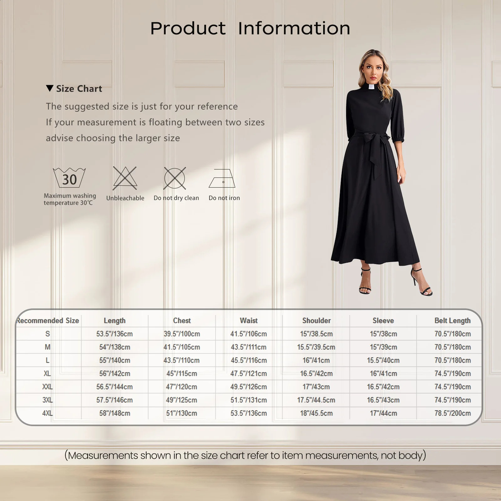 Womens Church Clergy Dress Minister Role Playing Theme Party Service Robe 34 Sleeves Swinging Long with Belt 240823