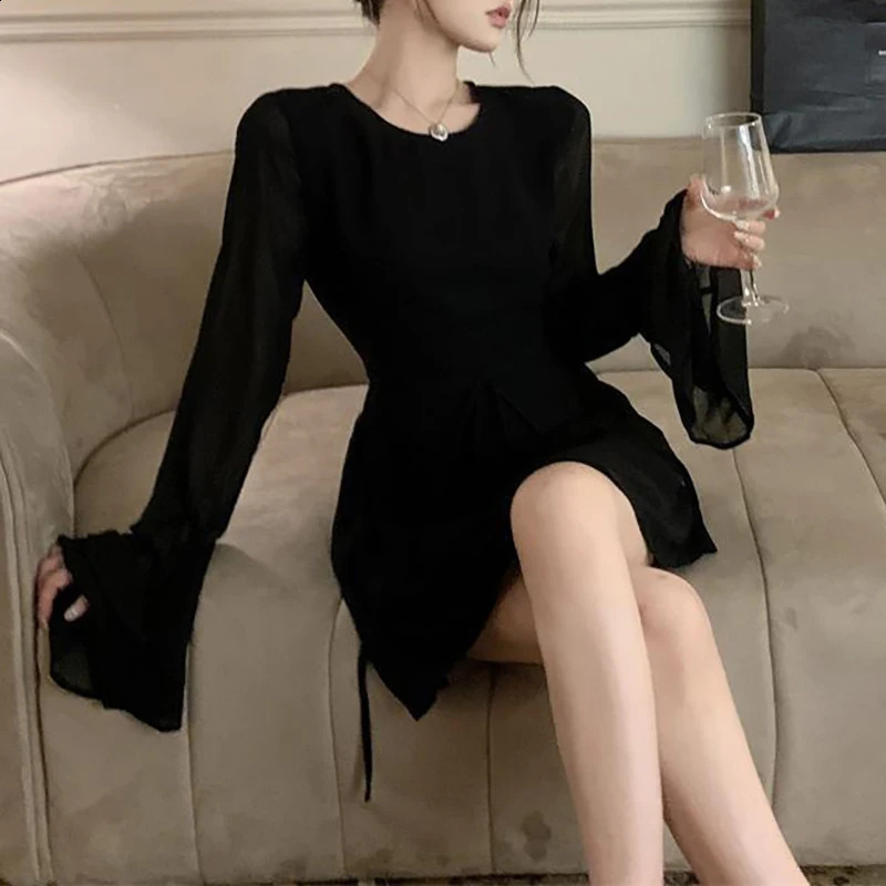 Backless Black Dress Women Elegant Back Hollow Out Lace-up Long Sleeve Mesh Patchwork Sexy Slim Ruffle Mini Dress Party 240823