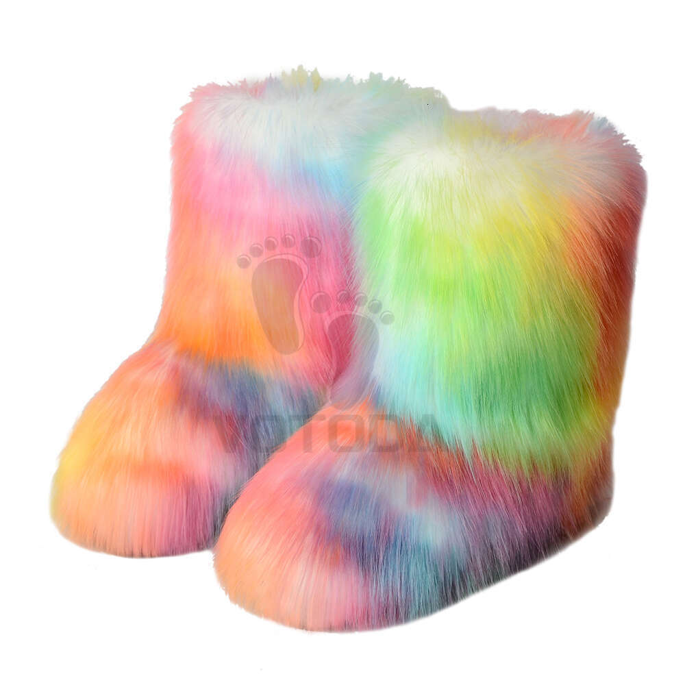 Winter Fuzzy Women Furry Shoes Fluffy Fur Snow Boots Plush Ing Slip-On Rubber Flat Outdoor Bowtie Warm Ladies Footwear