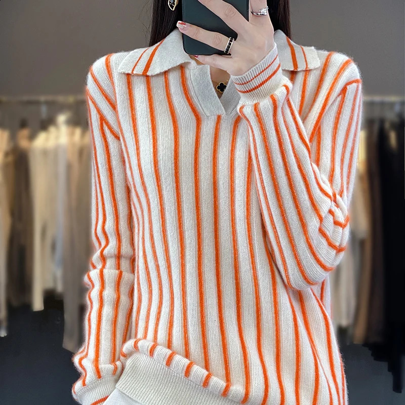 100% Merino Wool Sweater Womens Pullover Autumn Winter Most Trend Womens Clothing Fashion Classic Striped Knit POLO Neck Top 240824