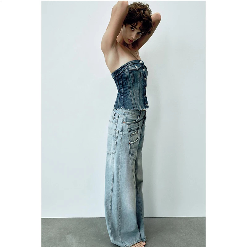 High waisted retro blue womens jeans with spliced work wide leg pants casual bag from culture denim 240823