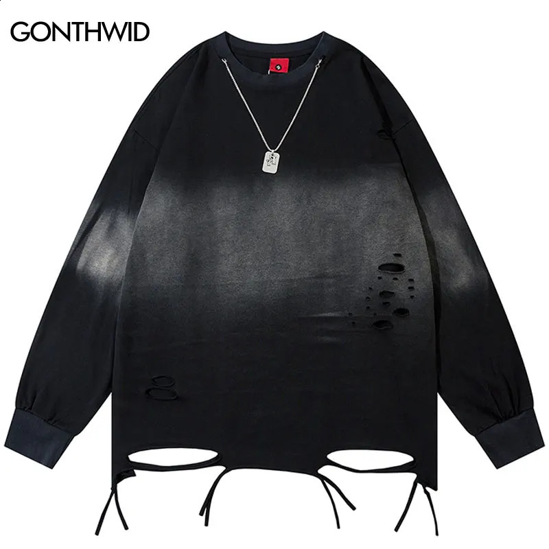 Vintage oversized shirt Grunge Y2K tear hole tie dye long sleeved Tshirt with chain hiphop punk gothic cotton wash 240823