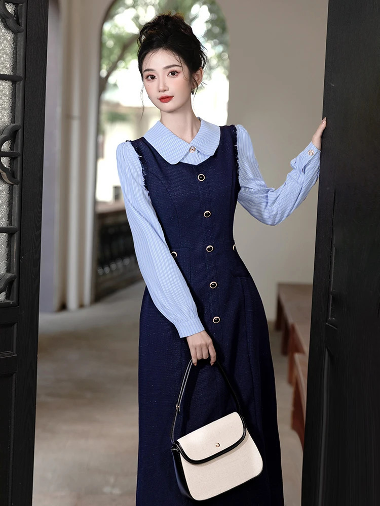High Quality French Sweet Fall Winter Tweed Tassel Spliced Striped Long Dress Women Doll Collar Buttons Slim Party Clothes 240824