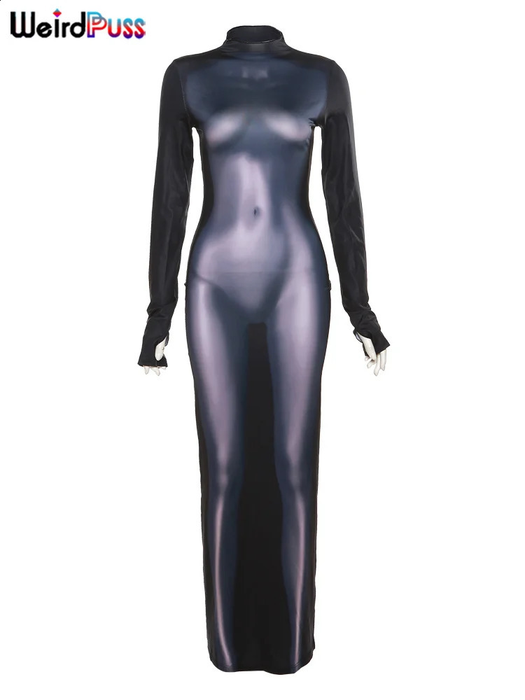 Weird Puss Body Print Maxi Dress Women Sexy Aesthetics Long Sleeve Turtleneck Skinny Bodycon Streetwear Elastic Party Clubwear 240823