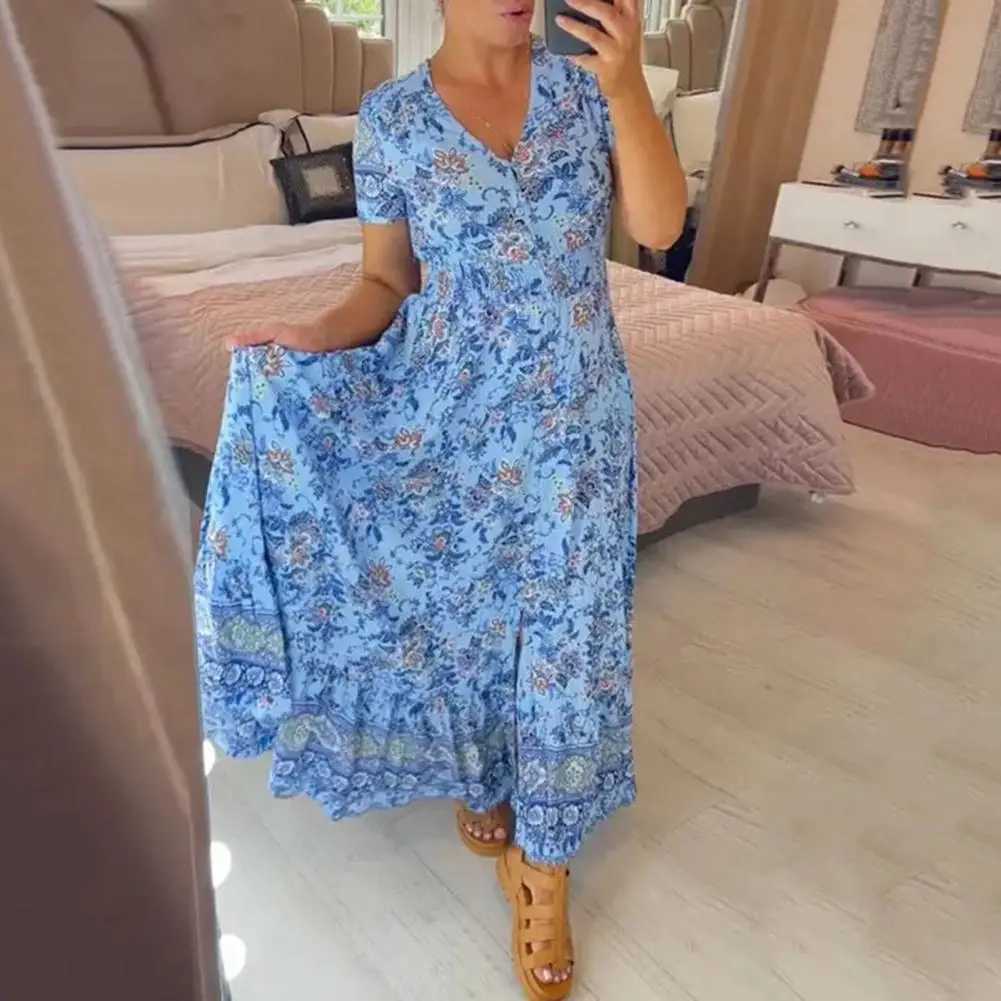 Basic Casual Dresses Floral Printed Dress Floral Print V Neck Maxi Dress with Ruffle Edge High Waist A-line Silhouette for Dating or Beach Ankle Y2405