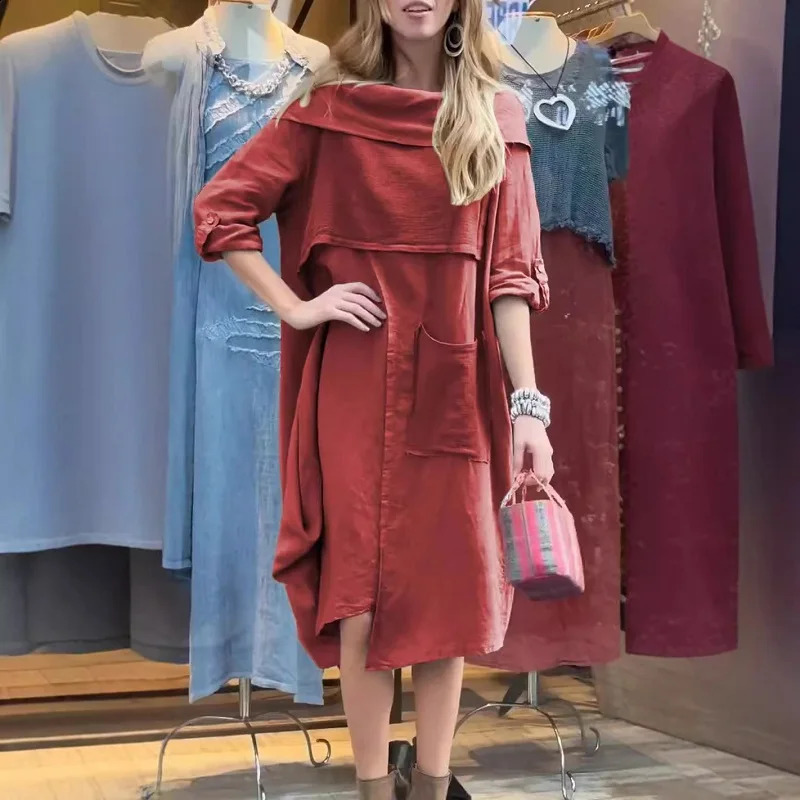 Retro Casual Large Pocket Cotton Linen Dresses Women Fall Scarf Collar Solid Long Dress Winter Long Sleeve Female Pullover Dress 240824