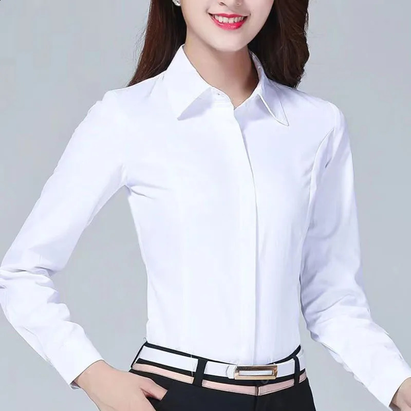 Fashion Women White Shirts Korean Long-sleeve Professional Formal Work Shirt Ladies Office OL Buttons Turndown Collar Blouses 240823