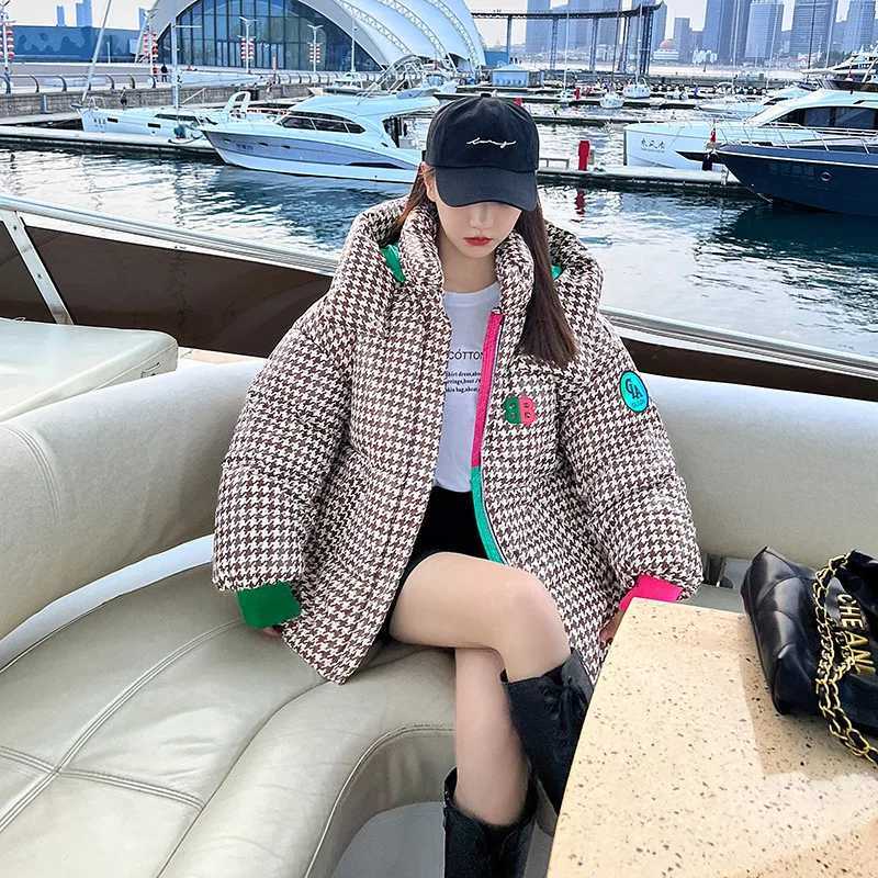 Womens Down Parkas Womens winter checkered jacket thick cotton pad Parka fashionable hooded oversized loose Fr washed Parkas womens inflatable jacke Y