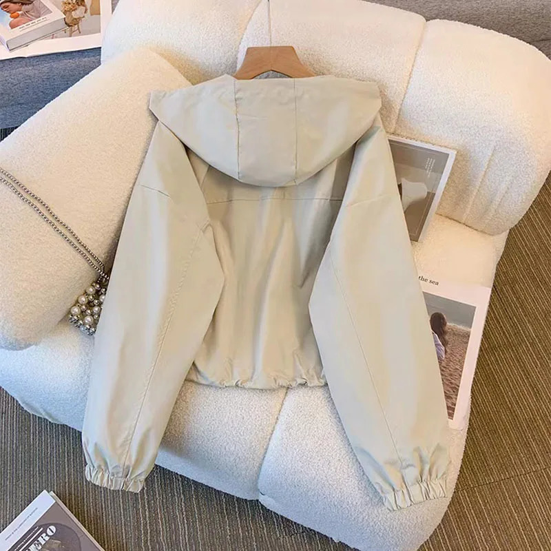 Y2K Autumn Cargo Jackets Women Fashion Loose Streetwear Hooded Zipper Windbreaker Bf Korean Solid Chic All-Match Crop Coats 240823