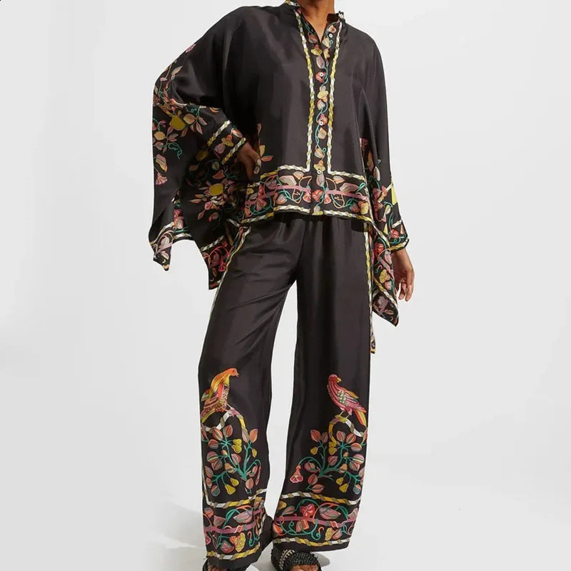 Women 2pcs fashion designer button long sleeved top shirt and pants set for women elegant pattern printed loose suit casual wide leg 2PC