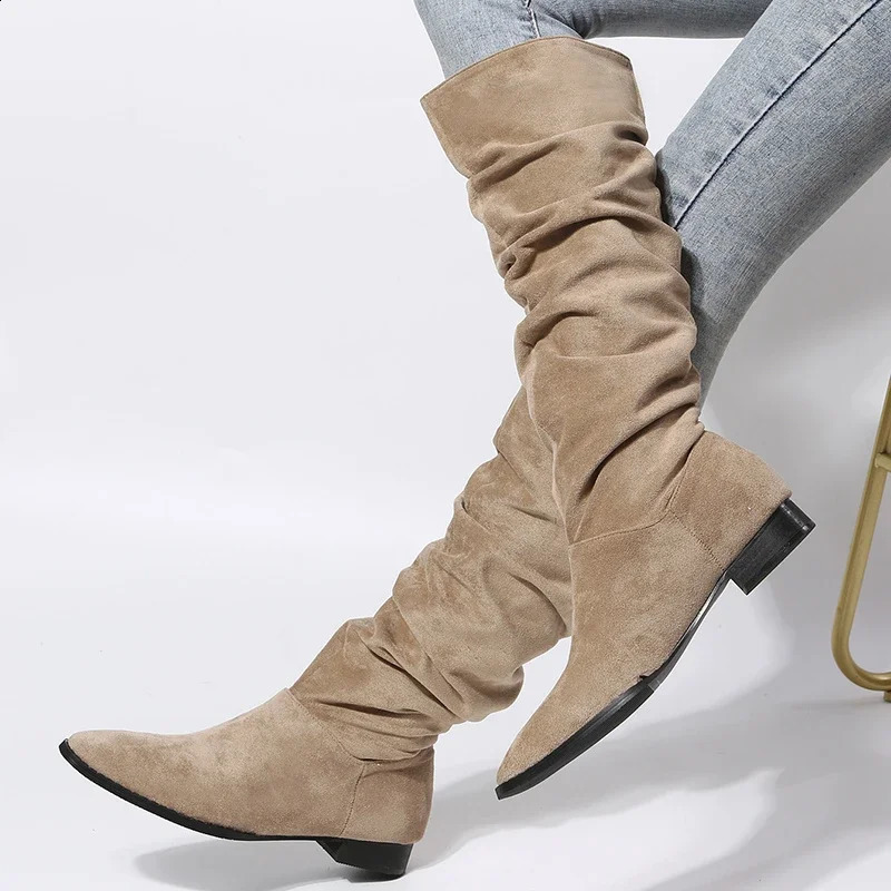 JF Fashion Wrinkled Womens Knee High Boots Low Boots Womens Dot Toe Knight Boots High Quality Long Boots 240823