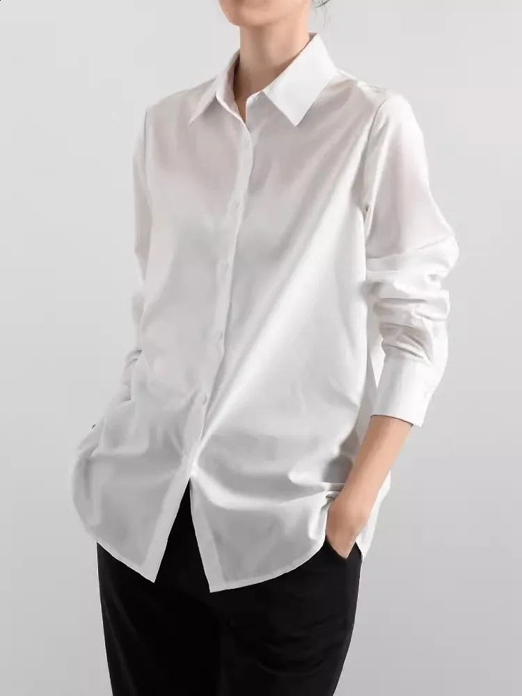Oversize Shirt Women Blouses Elegant Streetwear Office Cotton 100% Loose Button Up Casual White Blue Long Sleeve Vintage Tops 240823