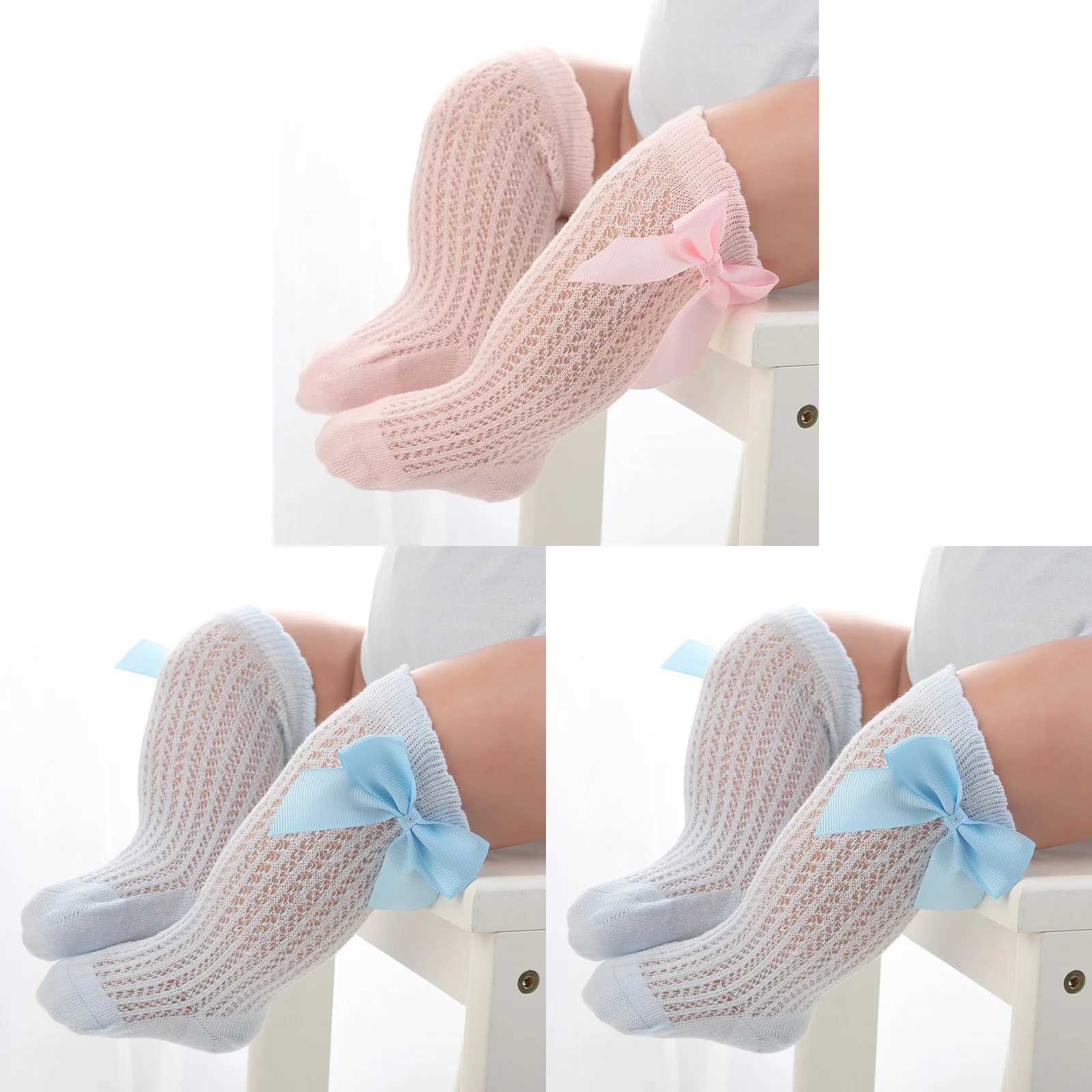 3Pairs/lot Toddler Girls White Mesh Socks Bows Breathable Sweet Infant Baby Girl Cotton Socks Newborn Kids Girl Solid Socks Pack CL240824