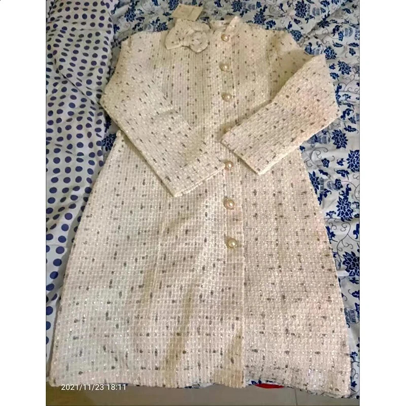 Women Round Neck Dot Print Tweed Dress Korean Long Sleeve Bow Knee-Length Dress With Belt French Runway Elegant Party Dress 240824