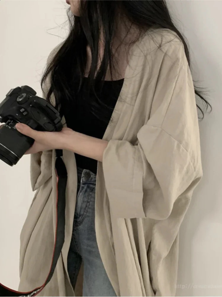 Summer Korean Style Womens Long Sleeve Cardigan Shirt with Sun Protection Loose Solid Color Thin Breathable Casual Jacket 240823