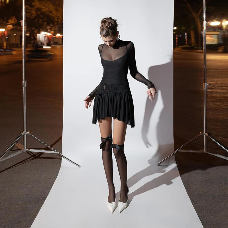 Mini Dress Women Spring Solid Turtleneck Fashion Long Sleeves Casual Slim Dress Sexy See Through Mesh Female A-LINE Dresses 240823