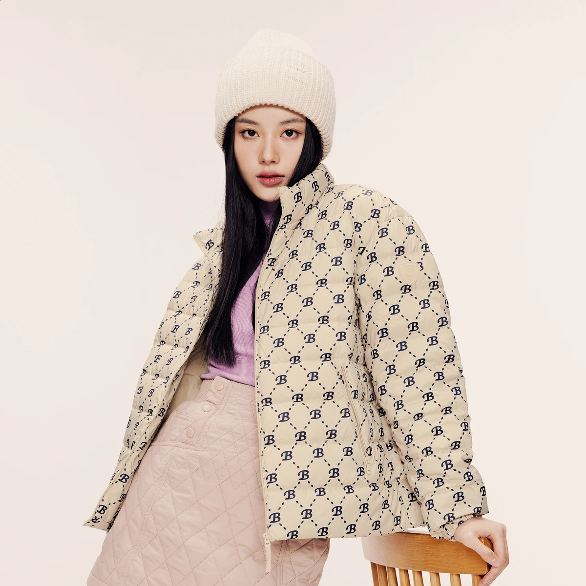 BOSIDENG Womens Inflatable Jacket Lightweight Mattress Zipper Stand up Collar Winter Wool Coat Fully Printed B30131014 240823