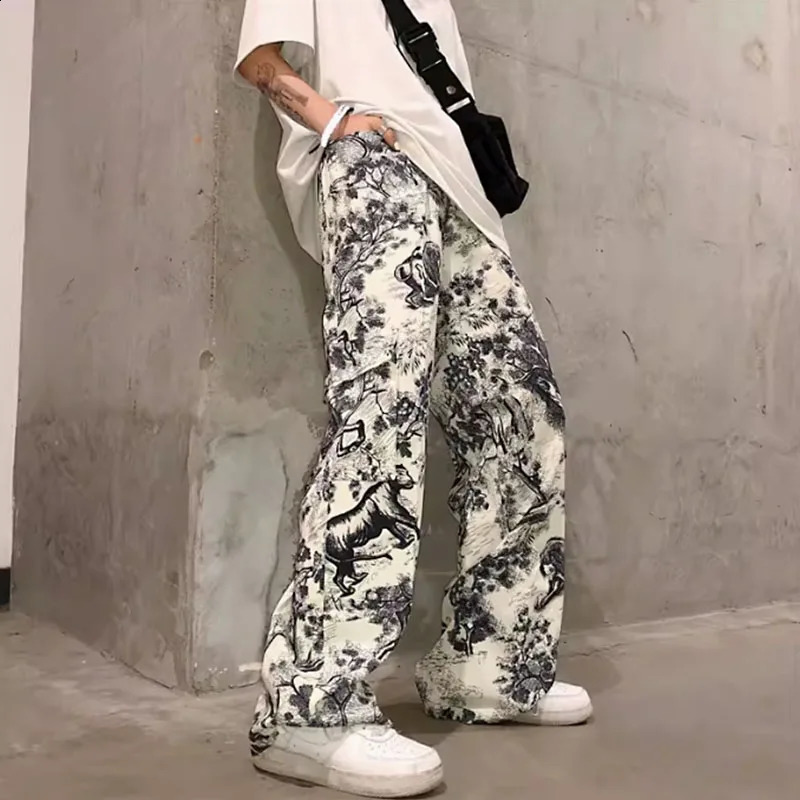 Spring Summer tie-dye ink painting pants mens and womens ancient ink dye vertical plus-size casual pants 240824