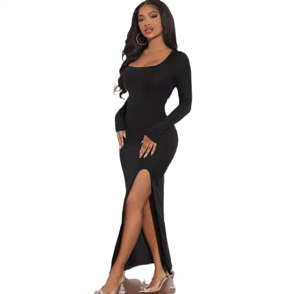 Autumn Fashionable Temperament Square Neck Long Sleeved Solid Color Slit Sexy Slim Fit Dress 240823