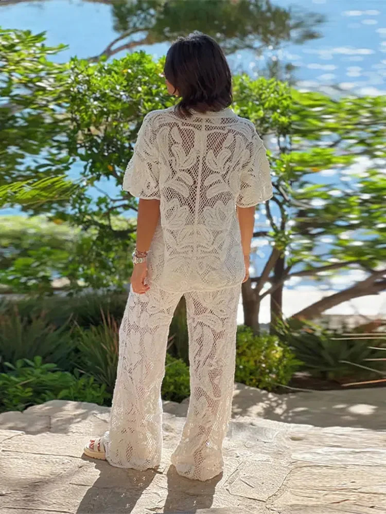 Fashion Knitted Hollow Out Shirt Pants Set Women Elegant Lapel Half Sleeve Top Straight Suit 2024 Lady Vacation Outfit 240819