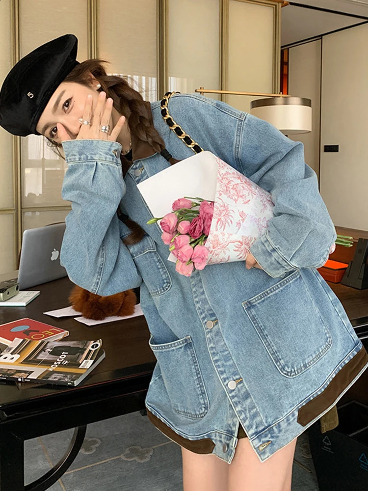 LANMREM Patchwork Denim Jacket Women Lapel Single Breasted Loose Oversized Coats Female Fashion Clothing Spring 2DA3708 240823