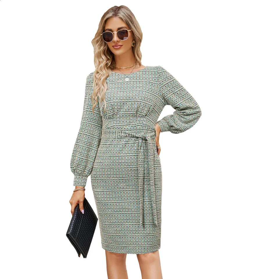 Womens Causal Tweed Dress OL Long Sleeve Crew Neck Back Slit Bodycon Dress Slim Fit Ladies Elegant Mid-calf Zip Up Long Skirt 240824