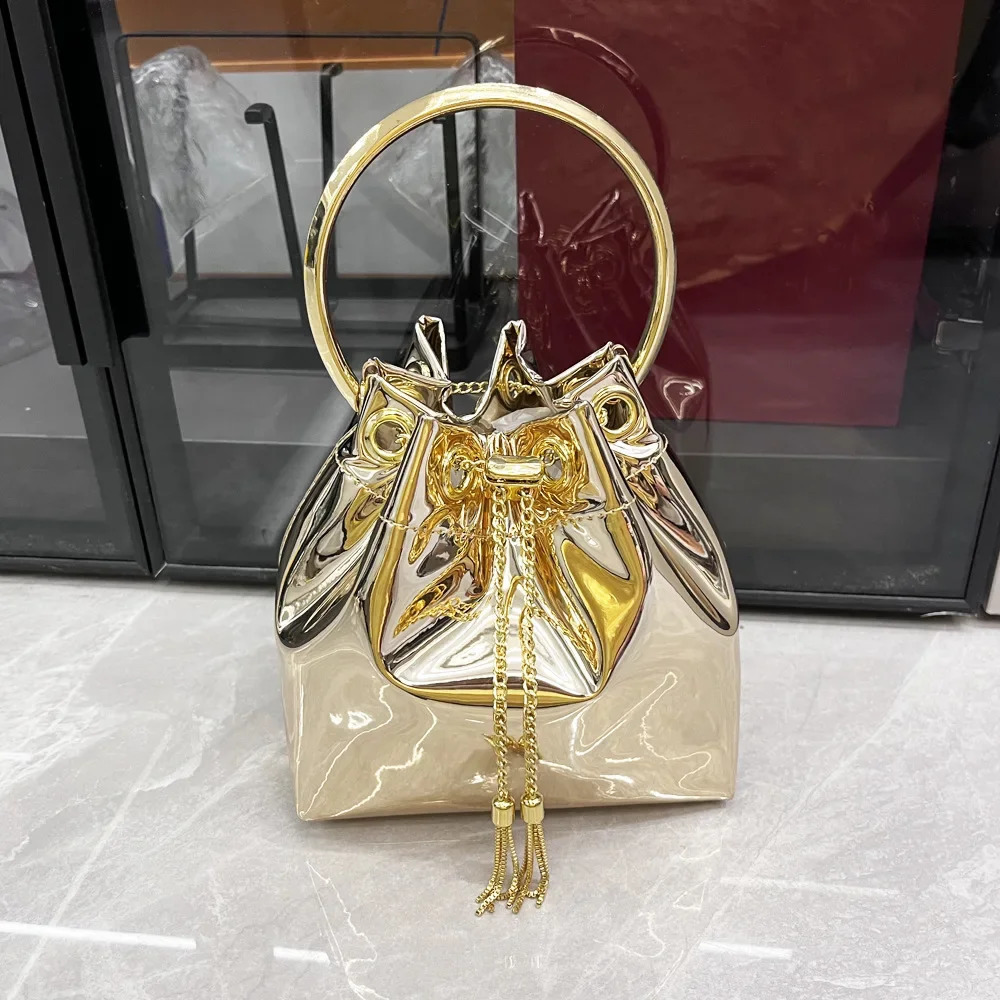 Gold Silver Rose red Glossy Drawstring Bucket Bag For Women Fashion Round Circle Pu Handbags Wedding Party Clutch Shoulder Bag 240823