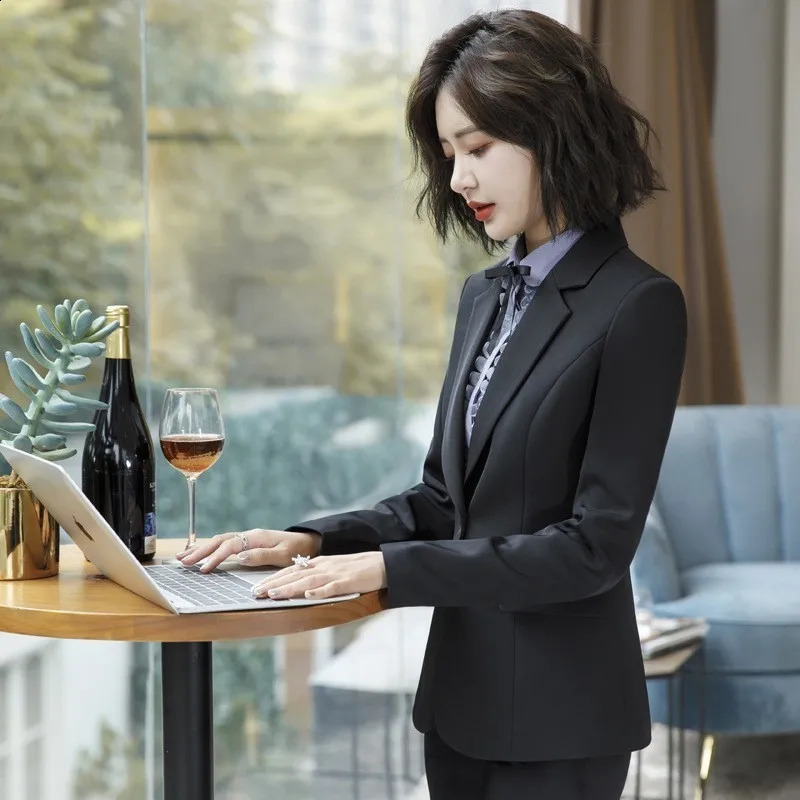 grey formal uniform n womens business suit with pants and jacket office work clothes sportswear 240823
