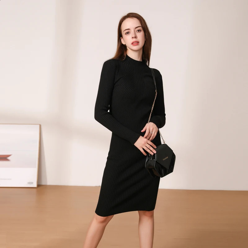 Midi Dress Winter Knitted Sweater Casual Womens Dresses Ladies Clothing Clothes Korean Fashion Robe Elegant Black Tight 240823