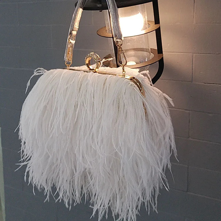 Retro Fashion Ostrich Hair Feather Womens Evening Bags Autumn Winter Fashion Shoulder Chain Bags Clutches Party Handbag 240823