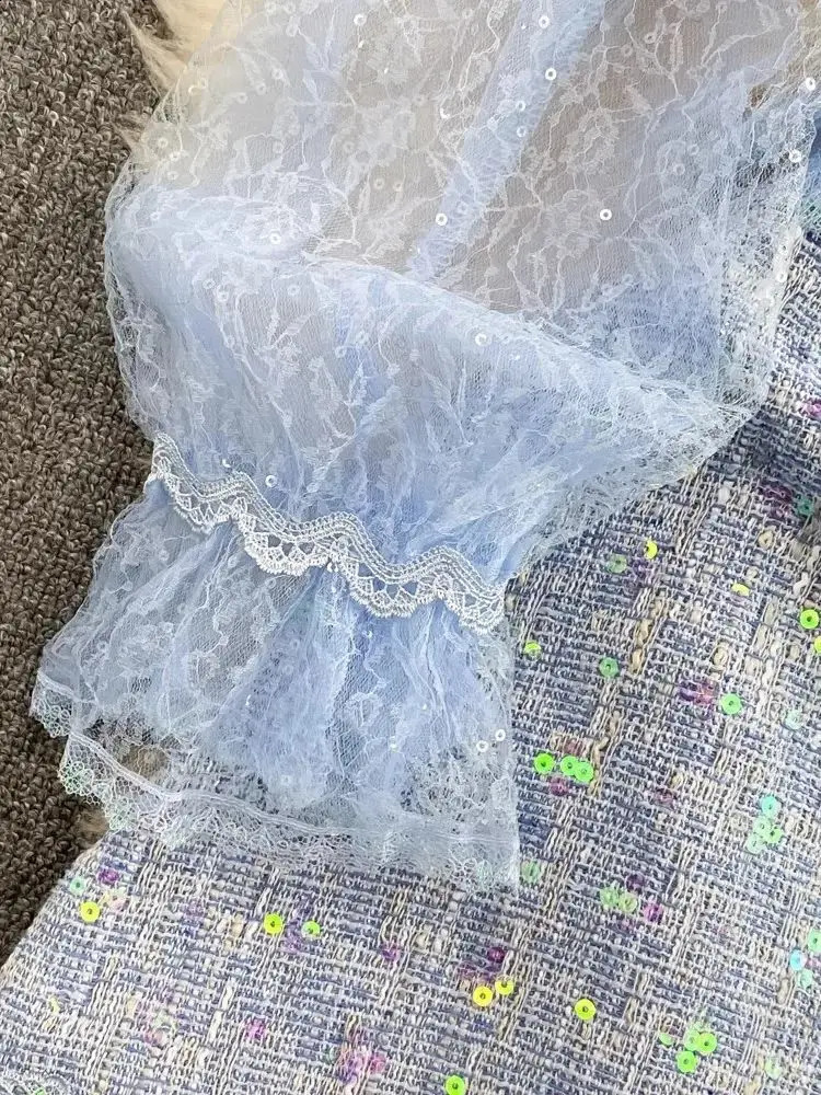 Sweet s Blue Tulles Mesh Bow Collar Butterfly Embroidery Ruffles Stitching Tweed Long Petal Sleeve Sequined Mini Dresses 240824