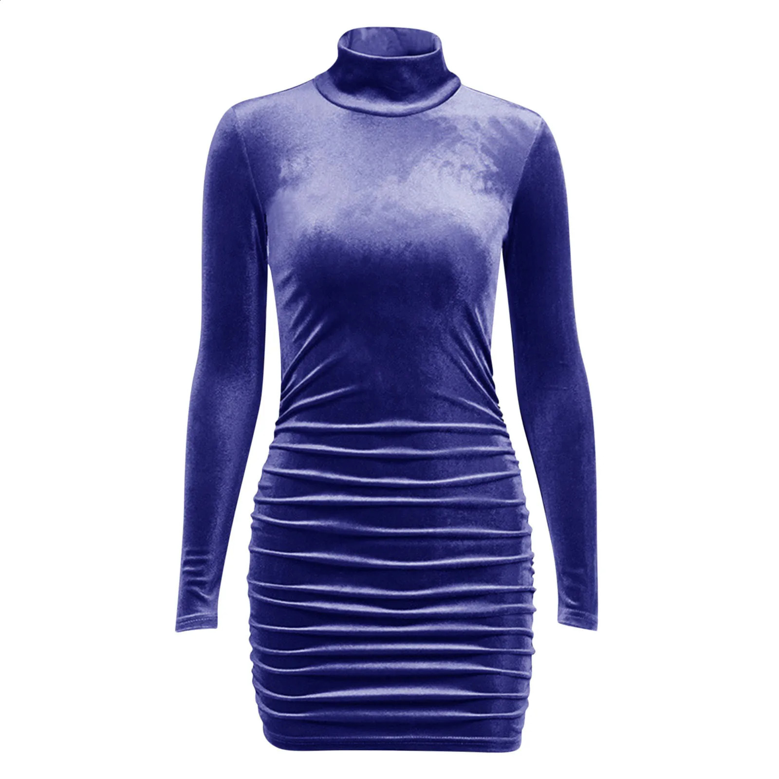 Autumn Women Sexy Dresses Solid Long Sleeves High Neck Slim Dress Velvet Pleated Hip Wrap Dresses Vestidos 240823