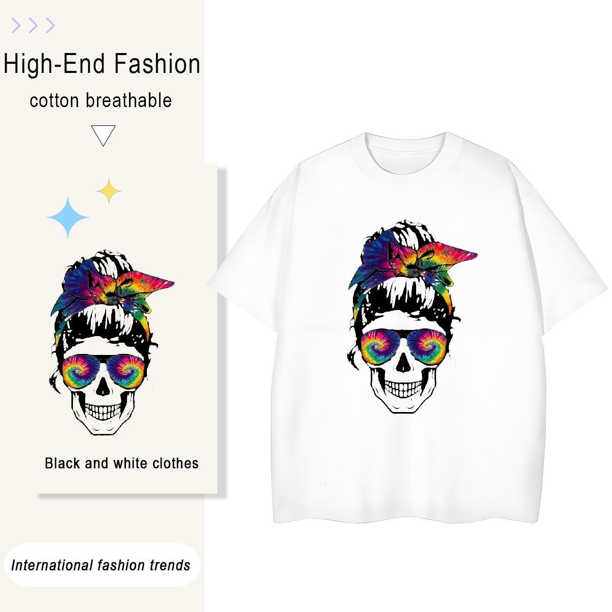 Wholesale T-Shirts 230g 100% Cotton skull Casual Daily Wear Cartoon Printing L-4XL Breathable Crew Neck Mens Tshirts 2024 Polos