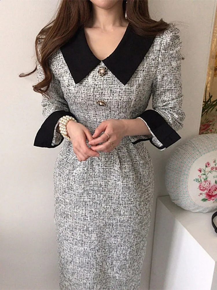 EWQ Fashion Contrast Lapel Lace Up Collect Waist Tweed Dress Autumn spring Thickened Mid-calf Women Dresses 16R871 240824