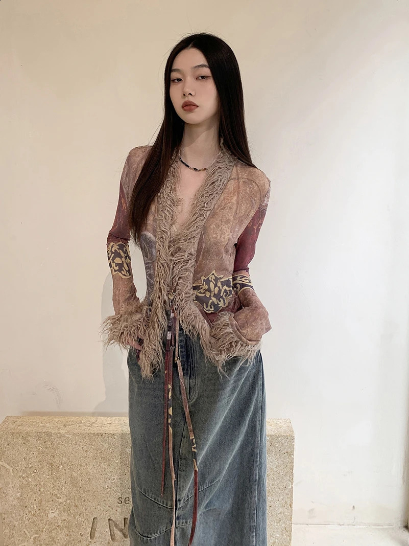 CHEERART Spring Fur Collar Open Fleece Jacket Womens Mesh Ethnic Vneck See Through ner Fashion 240824