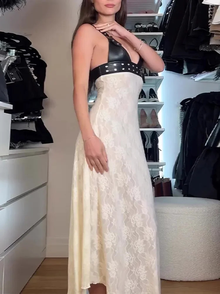 Leather Lace Deep V Neck Sleeveless High Waist Dresses Fashion Spliced Backless Slim Women Dress Female Elegant Summer Chic Robe 240823
