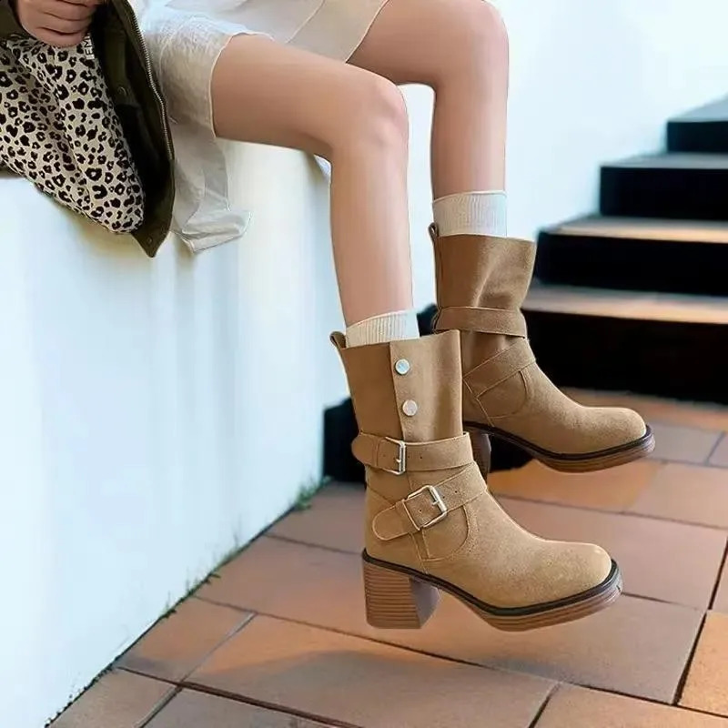 Womens warm boots Western style cow leg boots stacked solid frosted pleated shoes and pedal shoes 240823