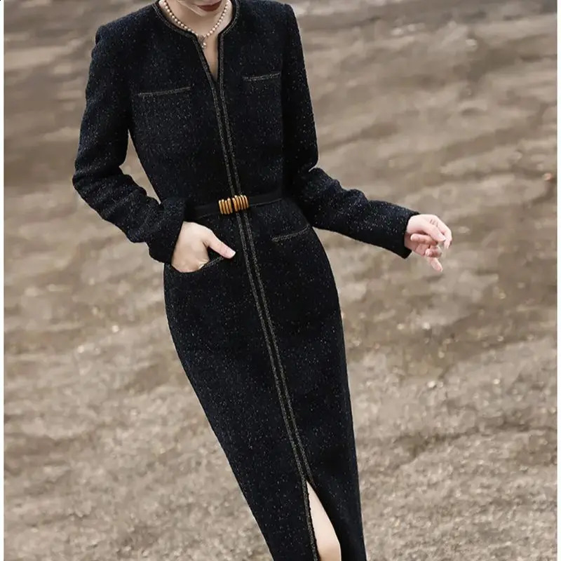 Autumn Winter Elegant Tweed Party Dress Fashion Bright Silk Split Midi Dress Women Long Sleeves Slim Celebrity Vestidos 189P 240824